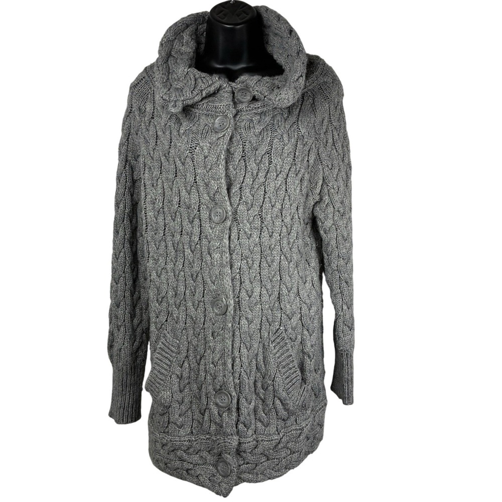 ZARA Knit Wool Womens Cardigan Sweater Fisherman Cable Collared Pocket Gray Sz S